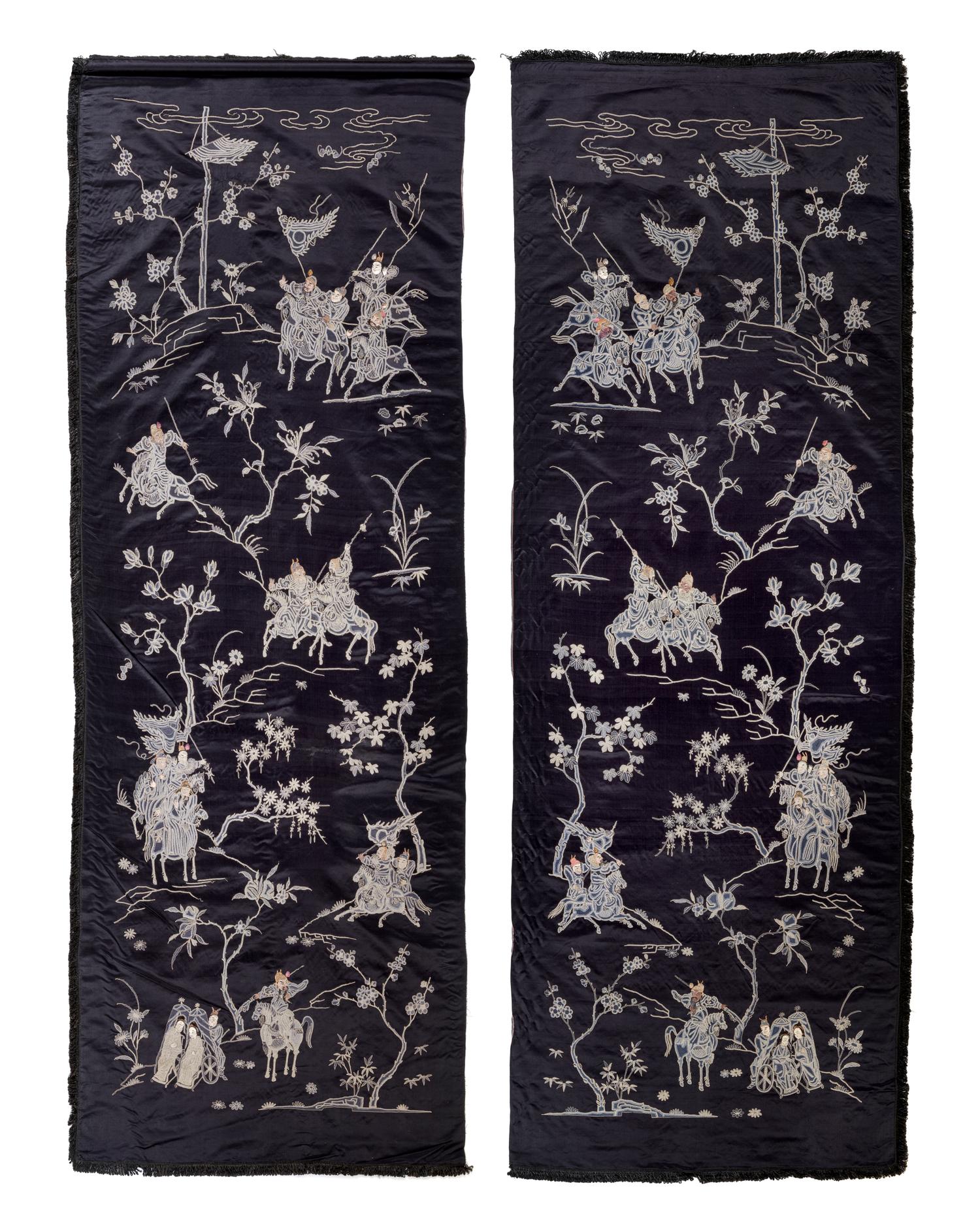 A Pair of Blue Ground Embroidered Silk 'Warriors' Panels