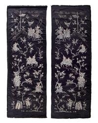 A Pair of Blue Ground Embroidered Silk 'Warriors' Panels