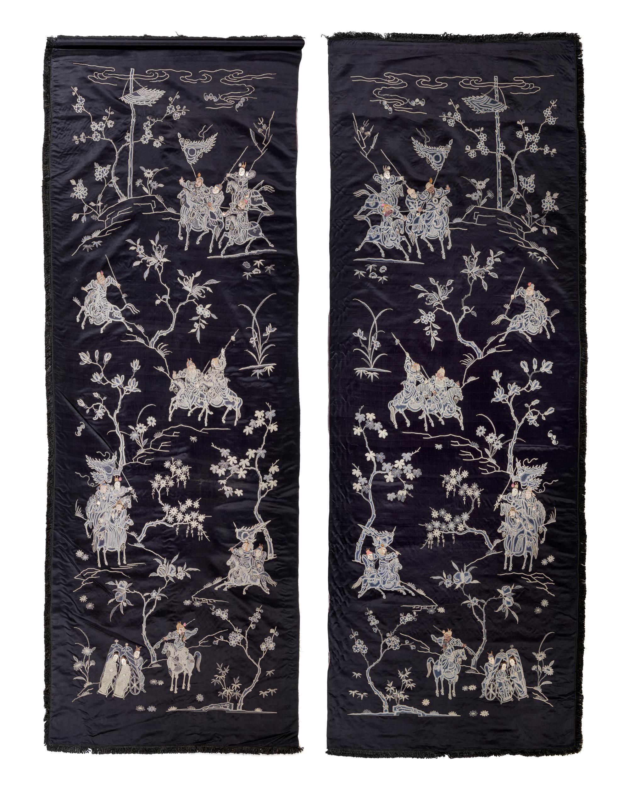 A Pair of Blue Ground Embroidered Silk 'Warriors' Panels