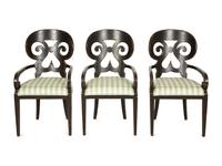A Set of Six Continental Black Lacquer Scroll Back Armchairs