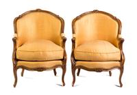 A Pair of Louis XV Style Walnut Bergeres Height 34 inches. — LATE 19TH CENTURY