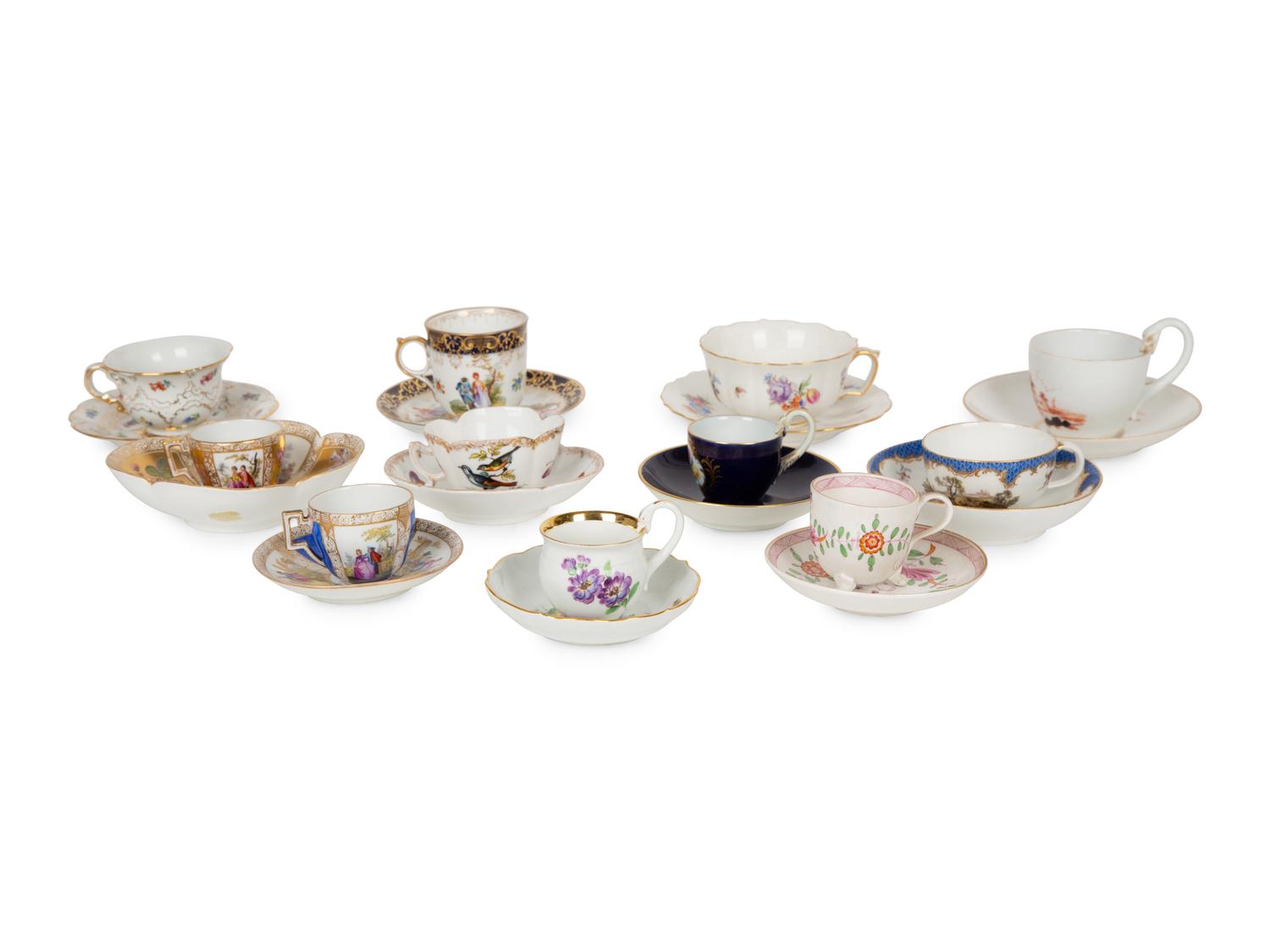 Eleven Meissen and Various Other Porcelain Teacups and Saucers — 19TH/20TH CENTURY