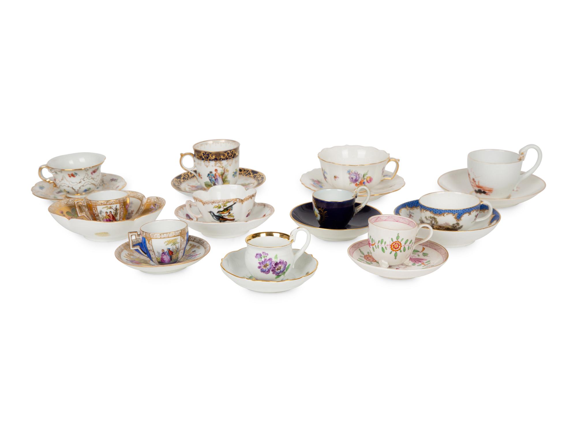 Eleven Meissen and Various Other Porcelain Teacups and Saucers — 19TH/20TH CENTURY