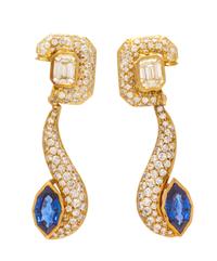 A Pair of Yellow Gold, Diamond and Sapphire Convertible Day/Night Earclips, 16.70 dwts.