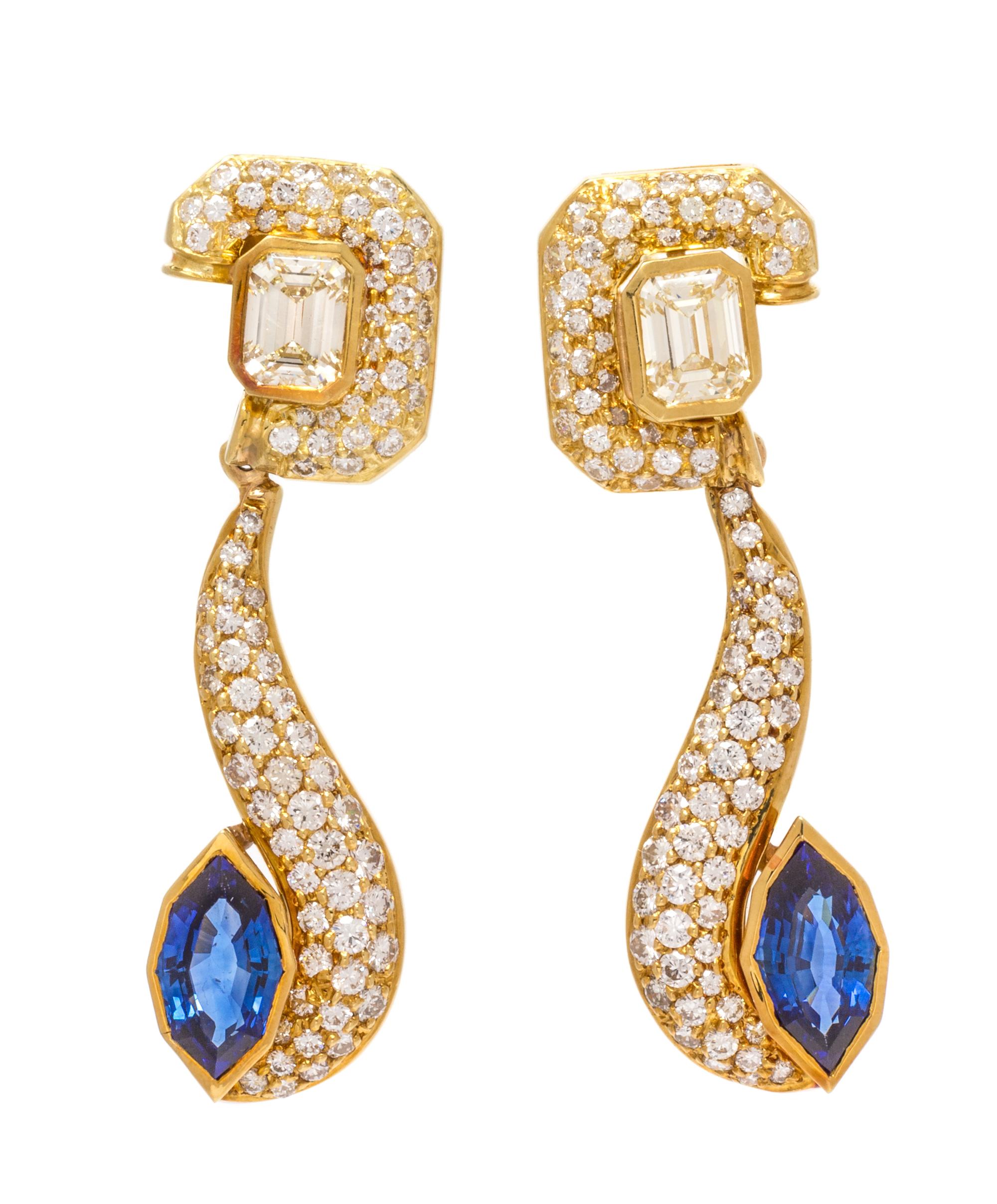 A Pair of Yellow Gold, Diamond and Sapphire Convertible Day/Night Earclips, 16.70 dwts.