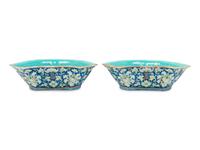 A Pair of Chinese Blue Ground Famille Rose Porcelain Bowls