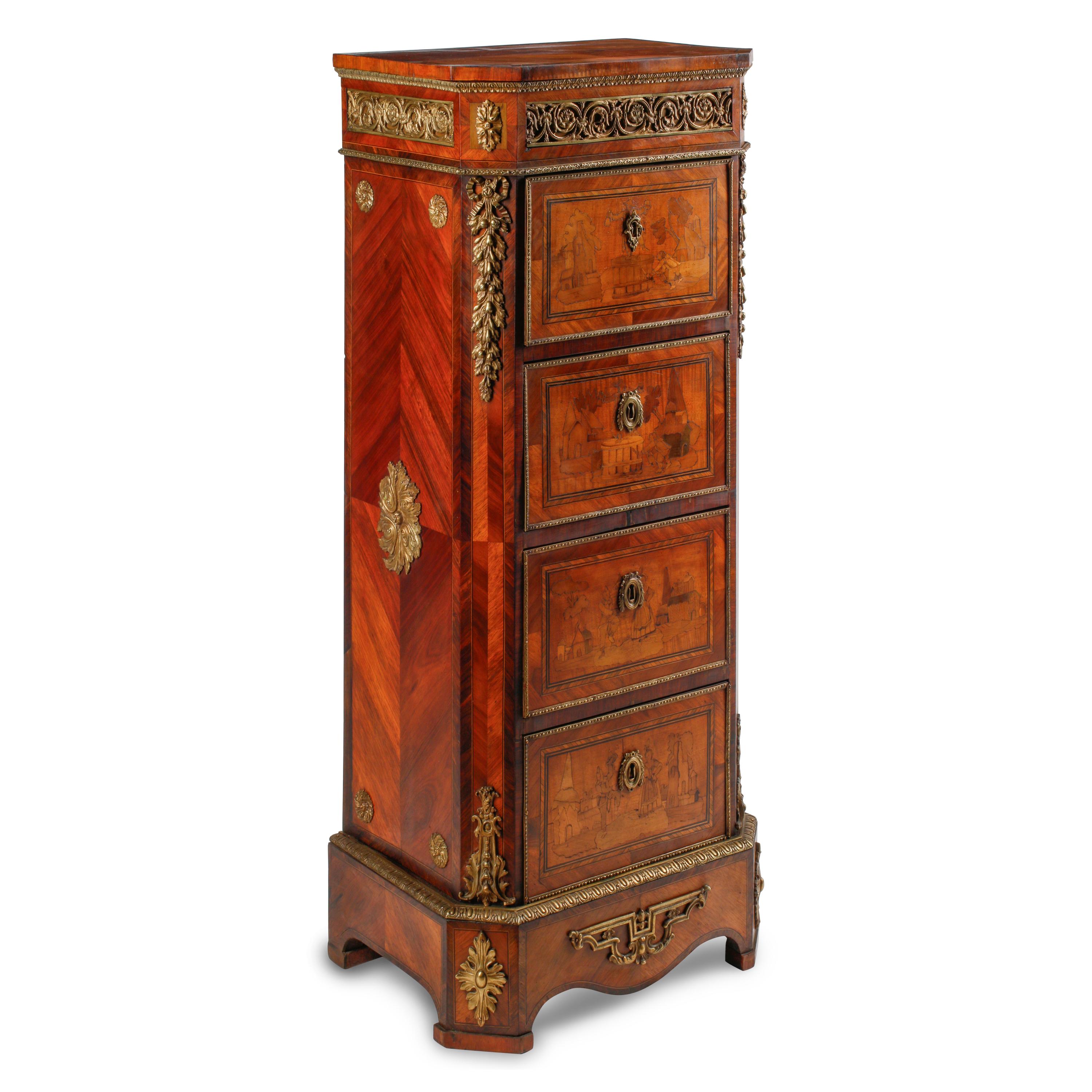 A Louis XVI Style Gilt Metal Mounted Marquetry Tall Chest of Drawers