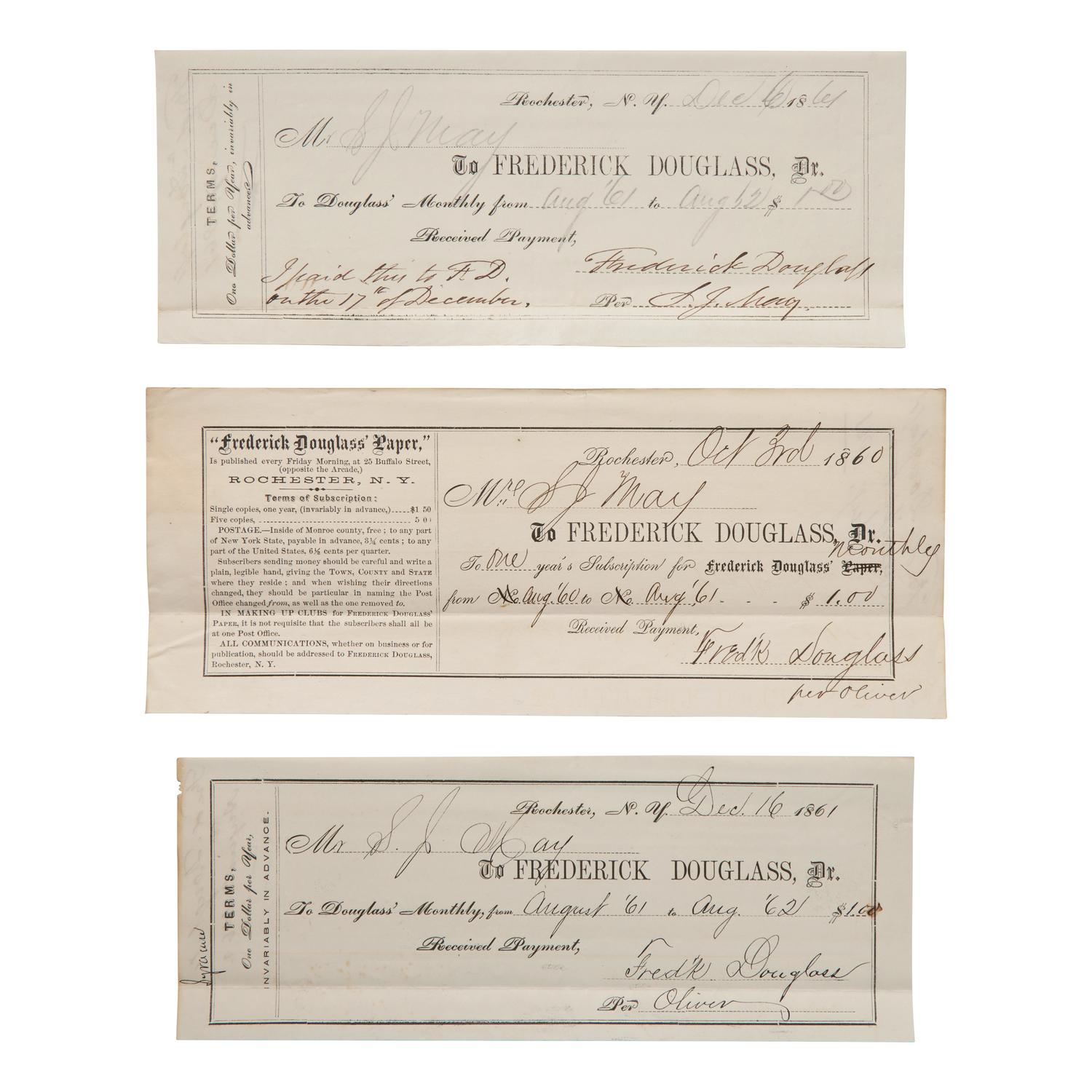 [African-Americana] [Douglass, Frederick] May, Rev. Samuel J. Group of 3 Receipts for the Purchase of Subscriptions to "Frederick Douglass' Paper"