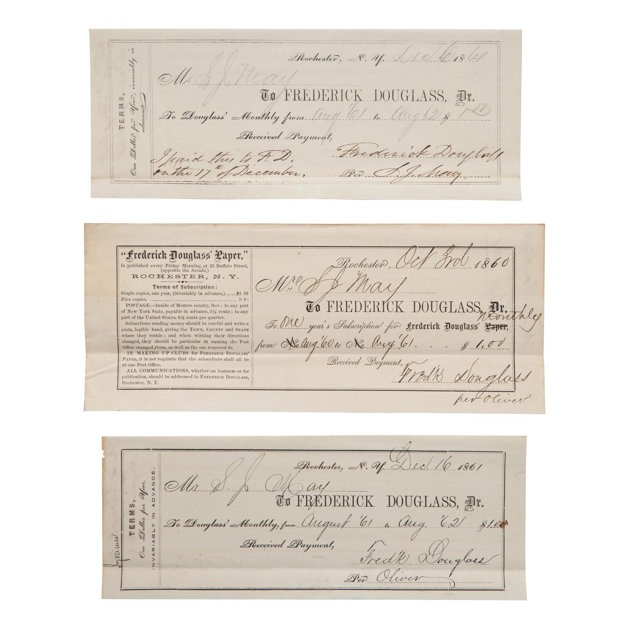 [African-Americana] [Douglass, Frederick] May, Rev. Samuel J. Group of 3 Receipts for the Purchase of Subscriptions to "Frederick Douglass' Paper"