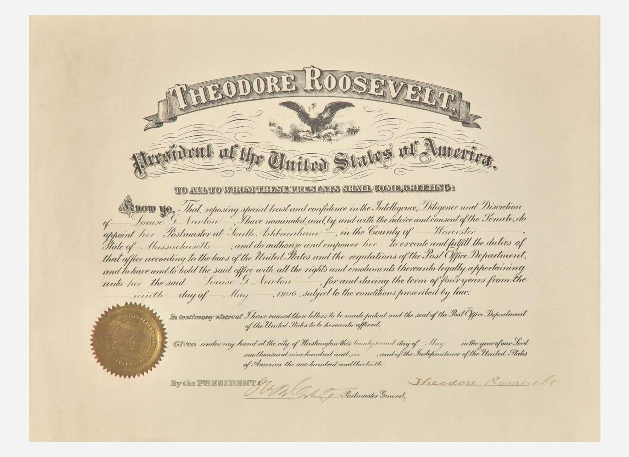 [Presidential] Roosevelt, Theodore: Partially-Printed Document, signed