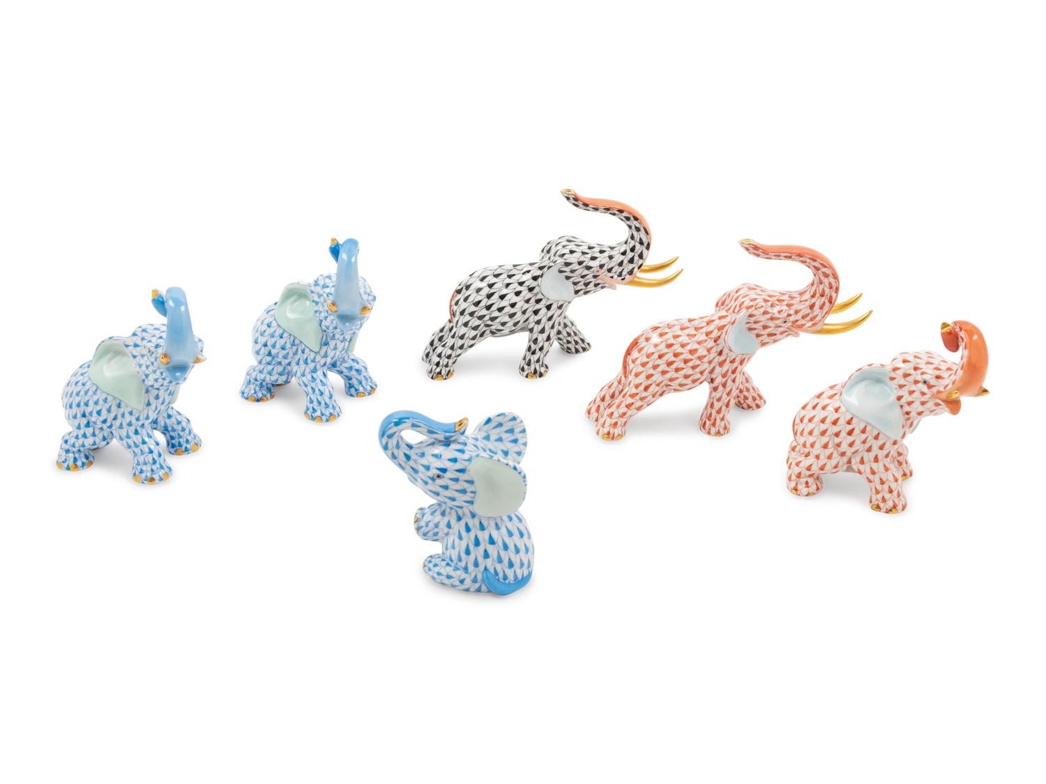 Six Herend Painted and Parcel Gilt Porcelain Elephant Figures