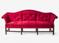 An impressive Chippendale camelback mahogany sofa with red damask upholstery, possibly 18th century and later