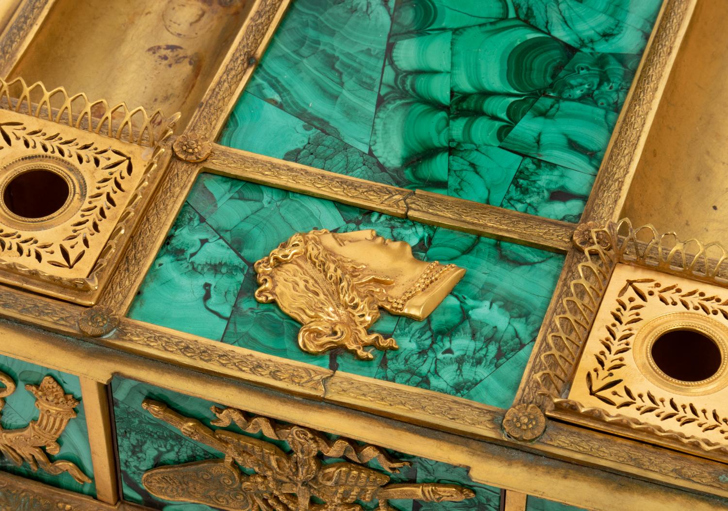 An Empire Style Gilt Bronze and Malachite Veneered Standish