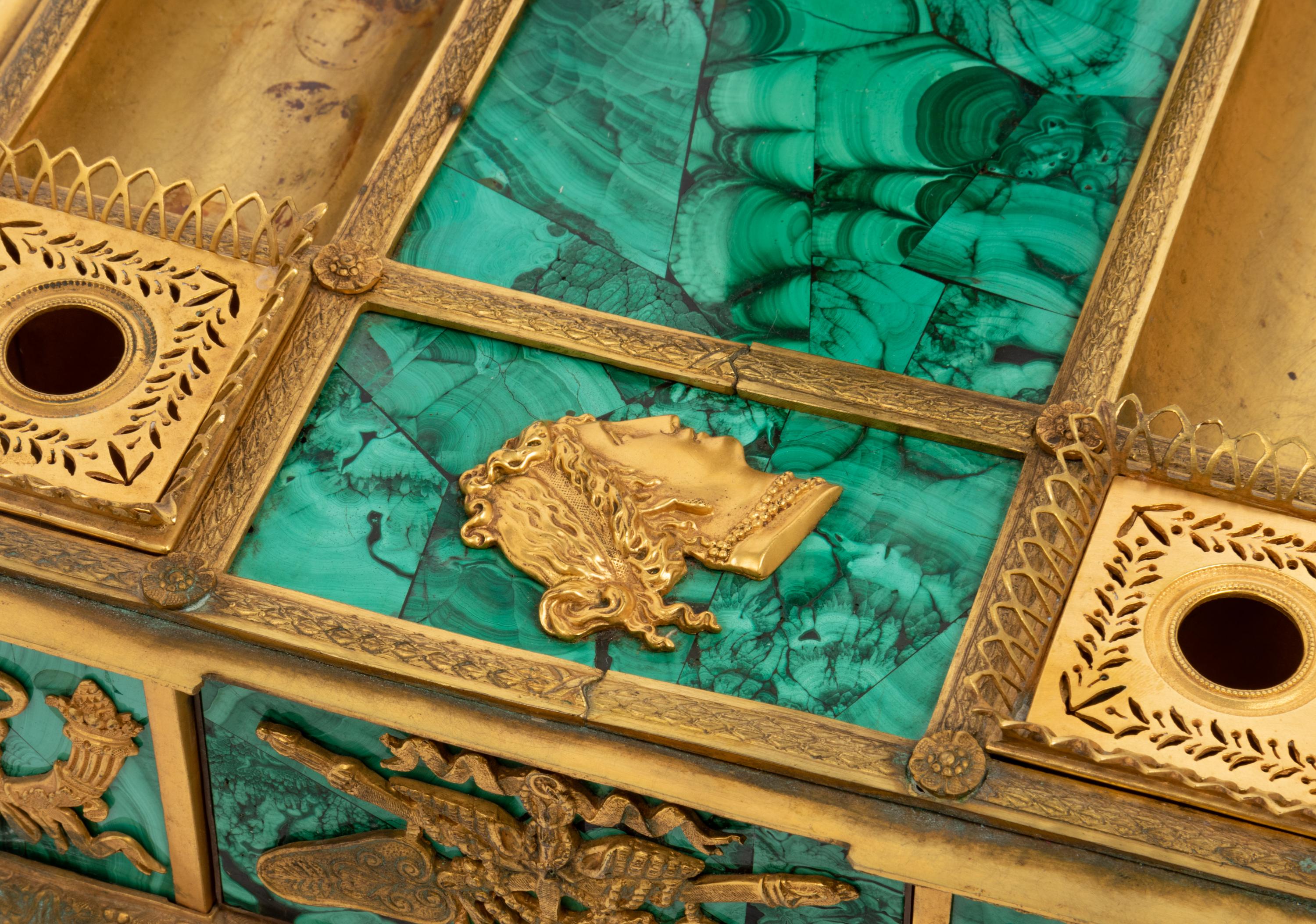 An Empire Style Gilt Bronze and Malachite Veneered Standish
