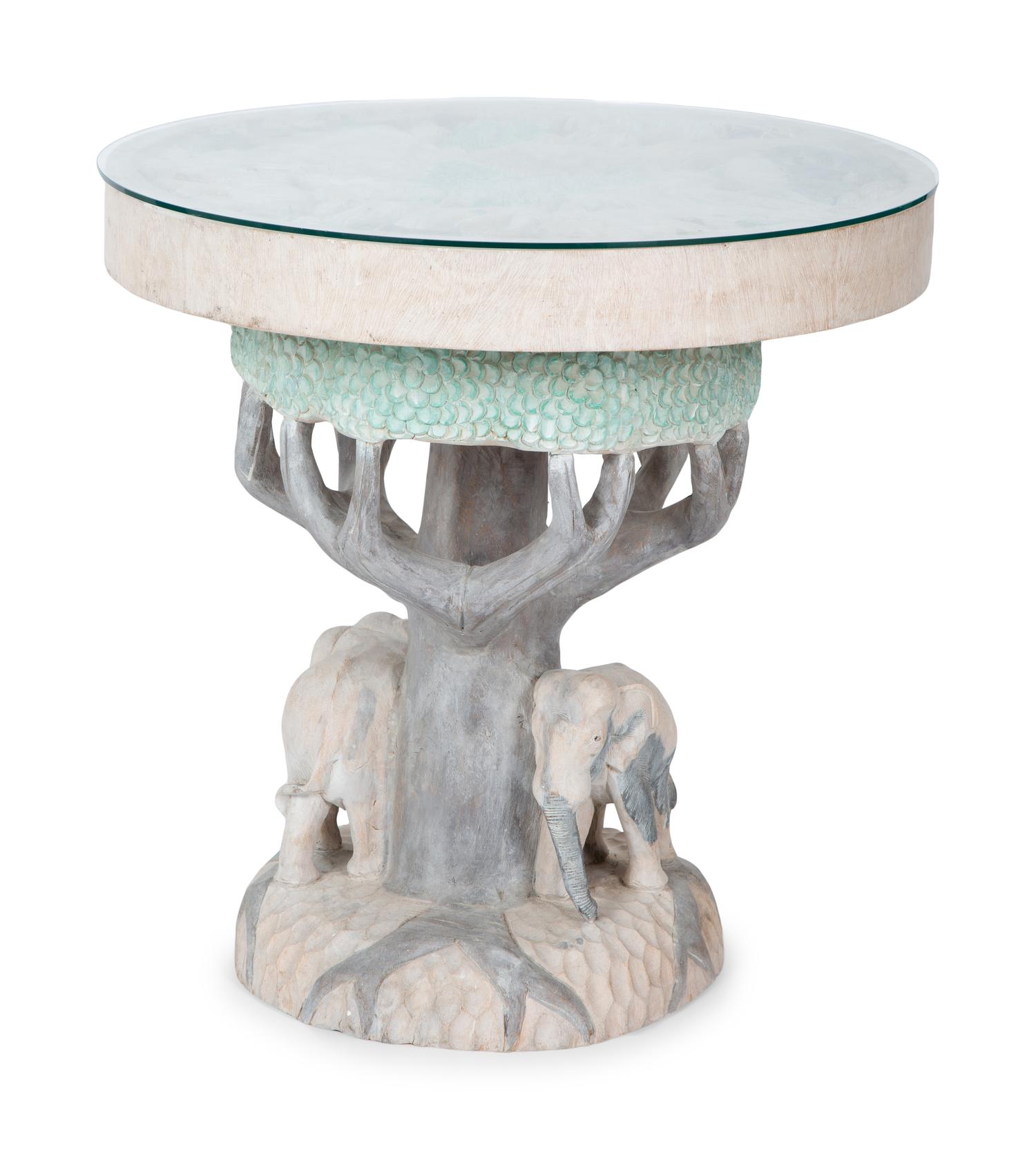 A Carved and Polychromed Wood Elephant Table with Glass Top — 20TH CENTURY