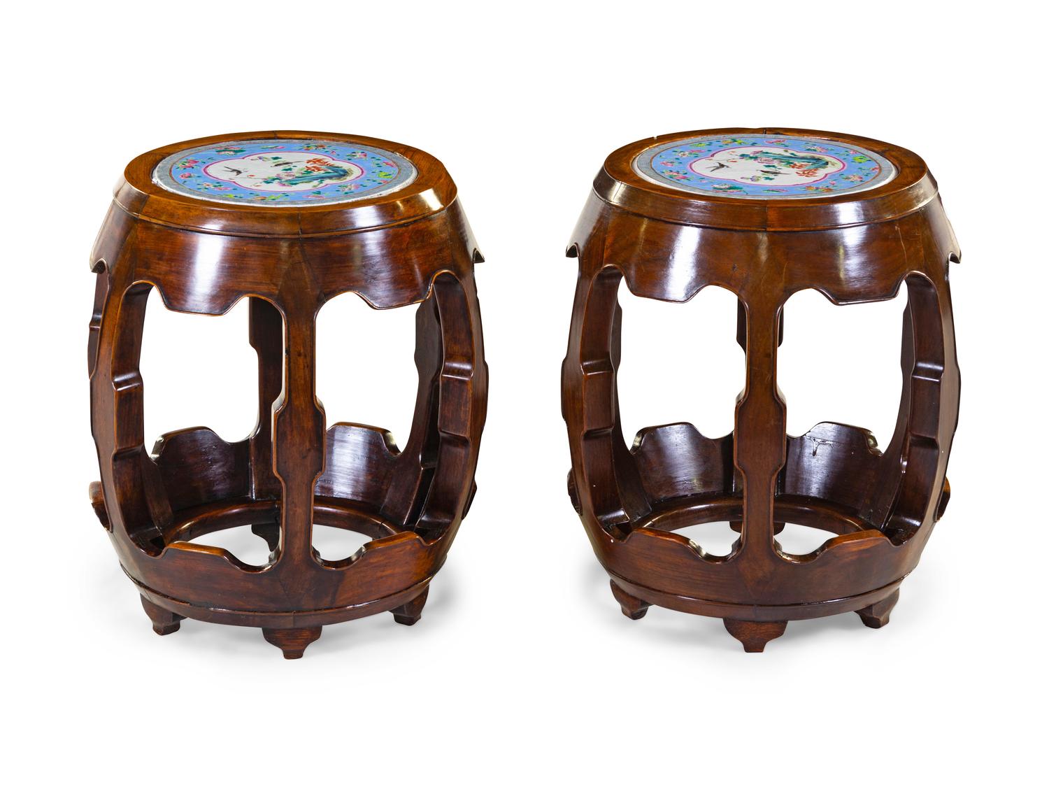 A Pair of Porcelain Plaque Inset Hardwood Garden Stools