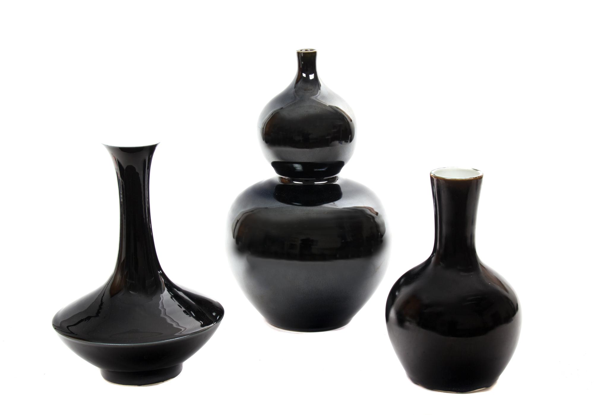 Three Chinese Black Glazed Porcelain Vases Height of tallest 13 1/4 inches. — 19TH CENTURY