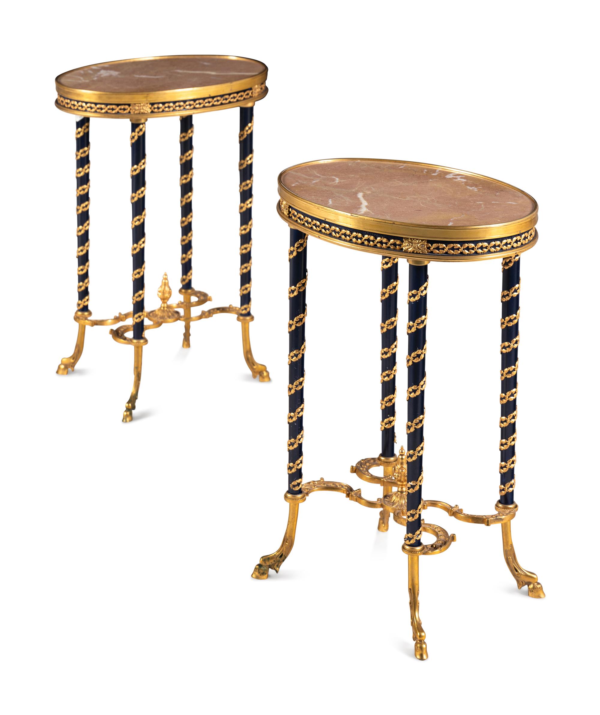 A Pair of Louis XVI Style Gilt Bronze Mounted Marble-Top Side Tables in the Style of Adam Weisweiler