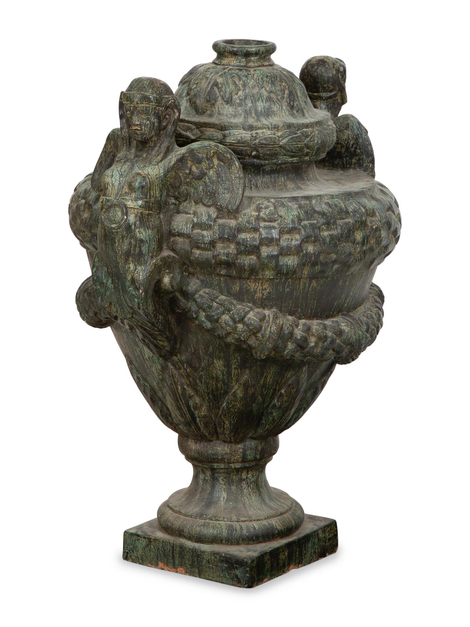 A Pair of Verdigris Patinated Terracotta Urns on Faux Marble Painted Pedestals