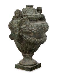 A Pair of Verdigris Patinated Terracotta Urns on Faux Marble Painted Pedestals