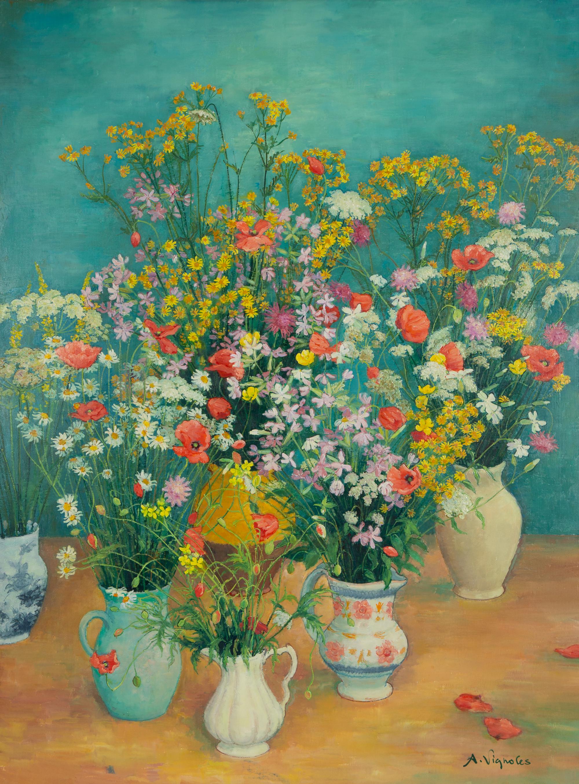 Bouquets Entremêlés sur Fond Bleu