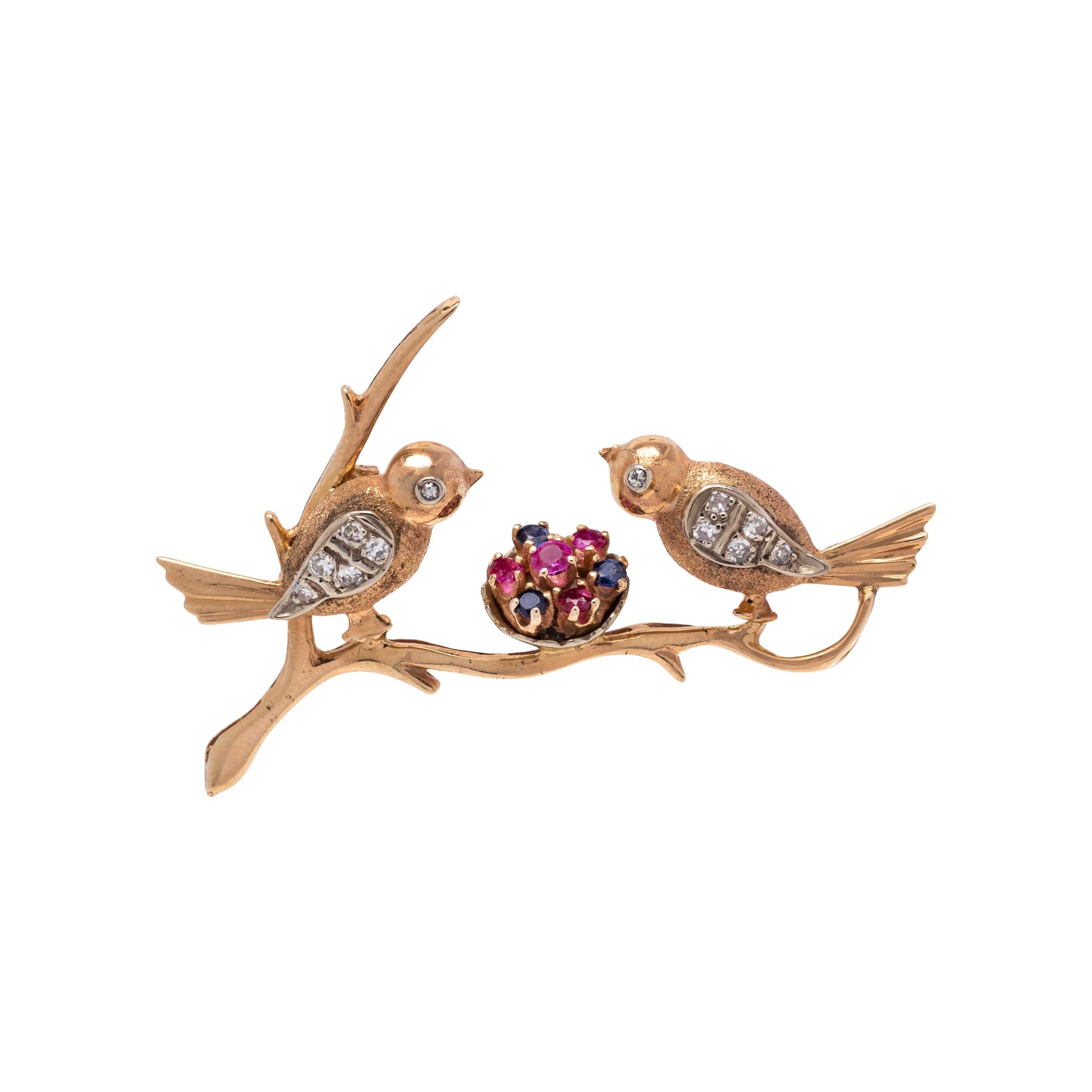 YELLOW GOLD, DIAMOND AND GEMSTONE BIRD BROOCH