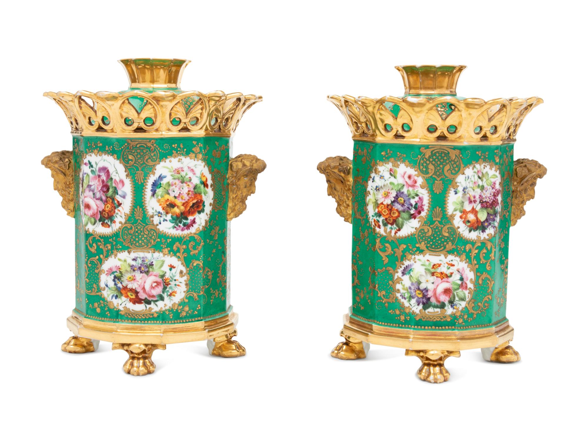 A Pair of French Green-Ground Porcelain Potpourri Urns