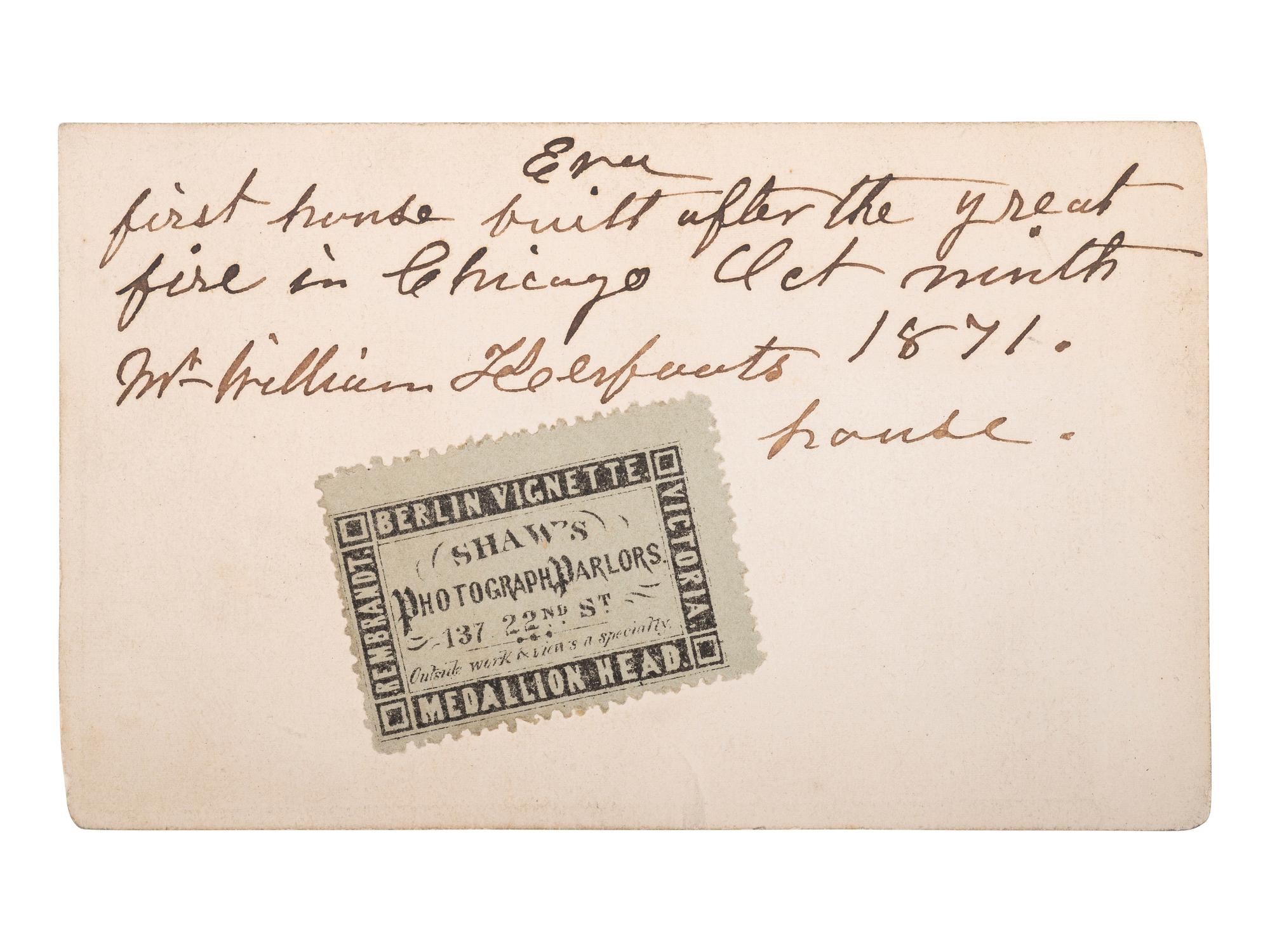 [EARLY PHOTOGRAPHY] SHAW, William, photographer. CDV of first house built following the Chicago fire.
