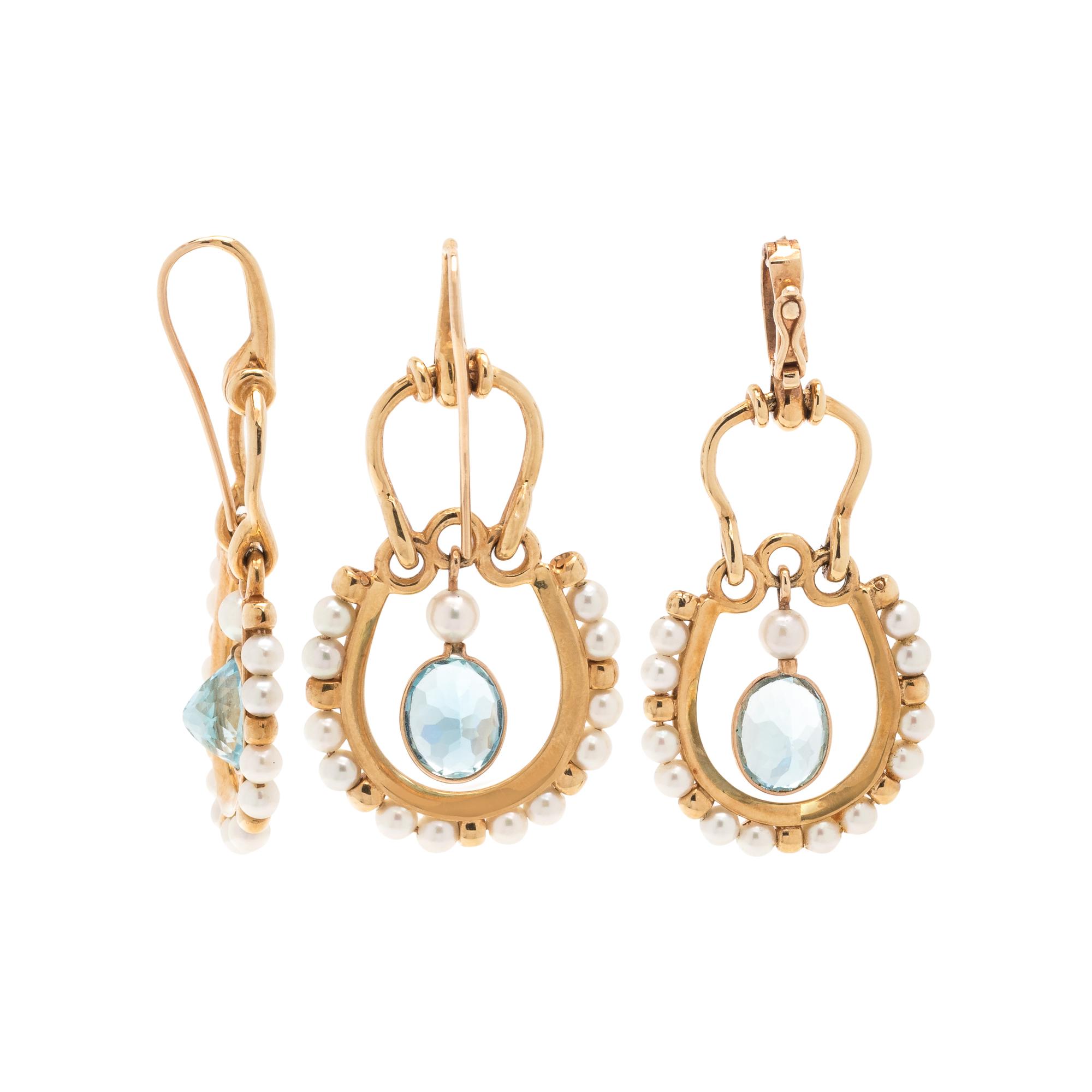 YELLOW GOLD, AQUAMARINE AND CULTURED PEARL SET