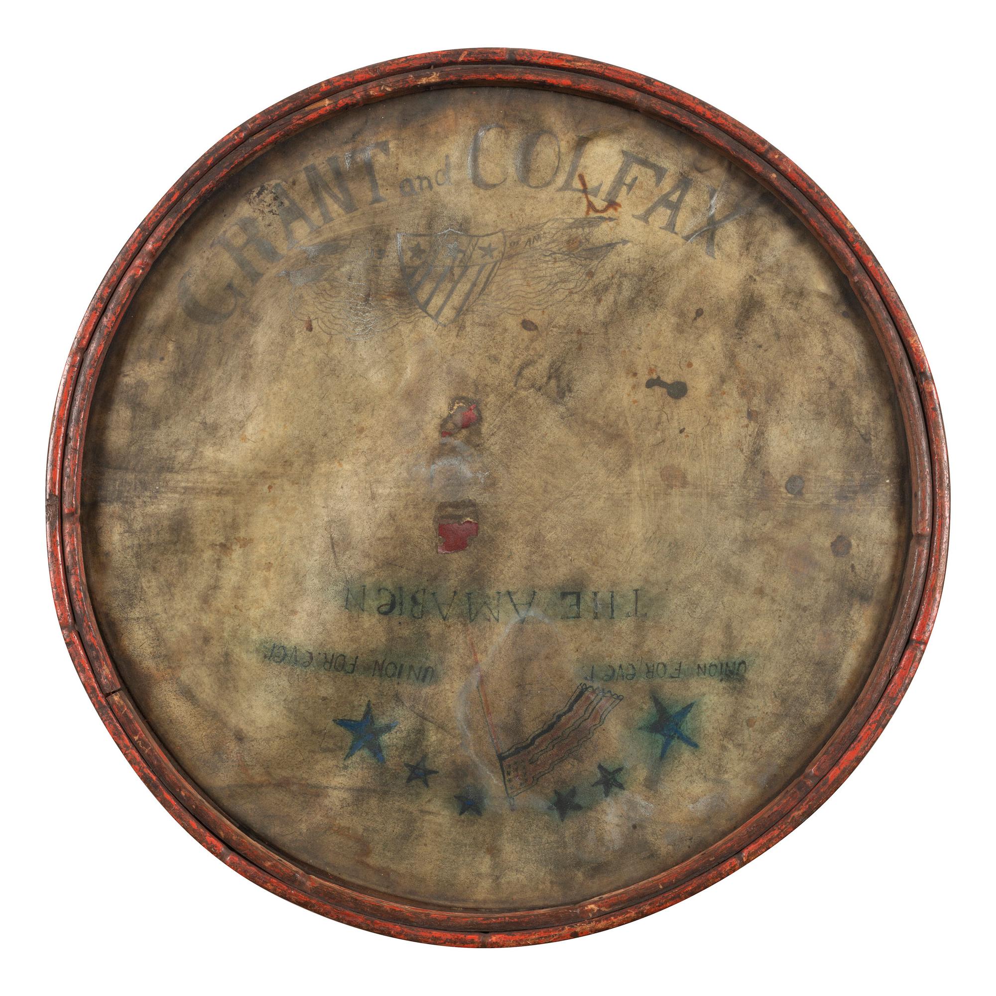 [POLITICS IN AMERICA] - [GRANT, Ulysses S. (1822-1885)]. Grant/Colfax folk art drum head created for the 1868 campaign.