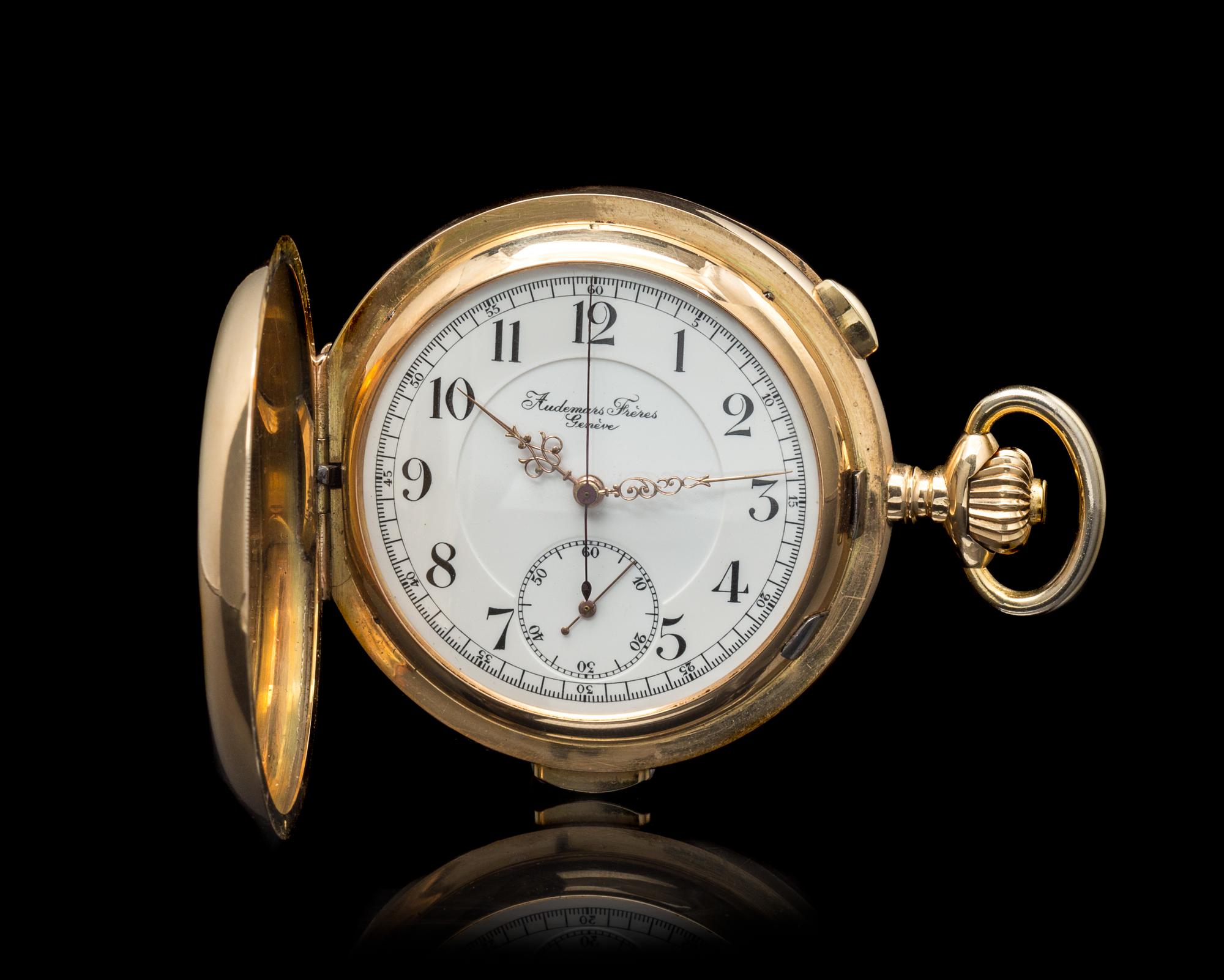 A 14 Karat Yellow Gold Hunter Case Chronograph Quarter Repeating Pocket Watch, Audemars Freres,
