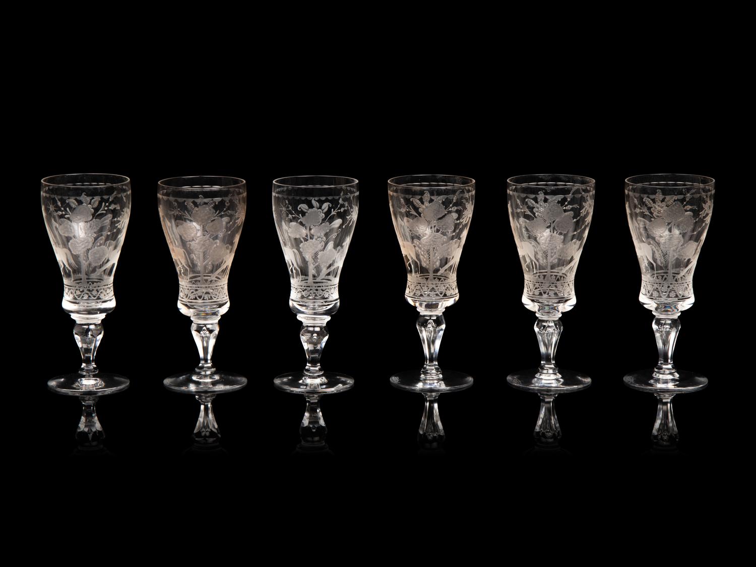 Six Kosta Boda Etched Glass Cordials