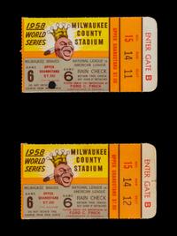 A Group of Two Milwaukee Braves vs. New York Yankees 1958 World Series Game 6 Ticket Stubs