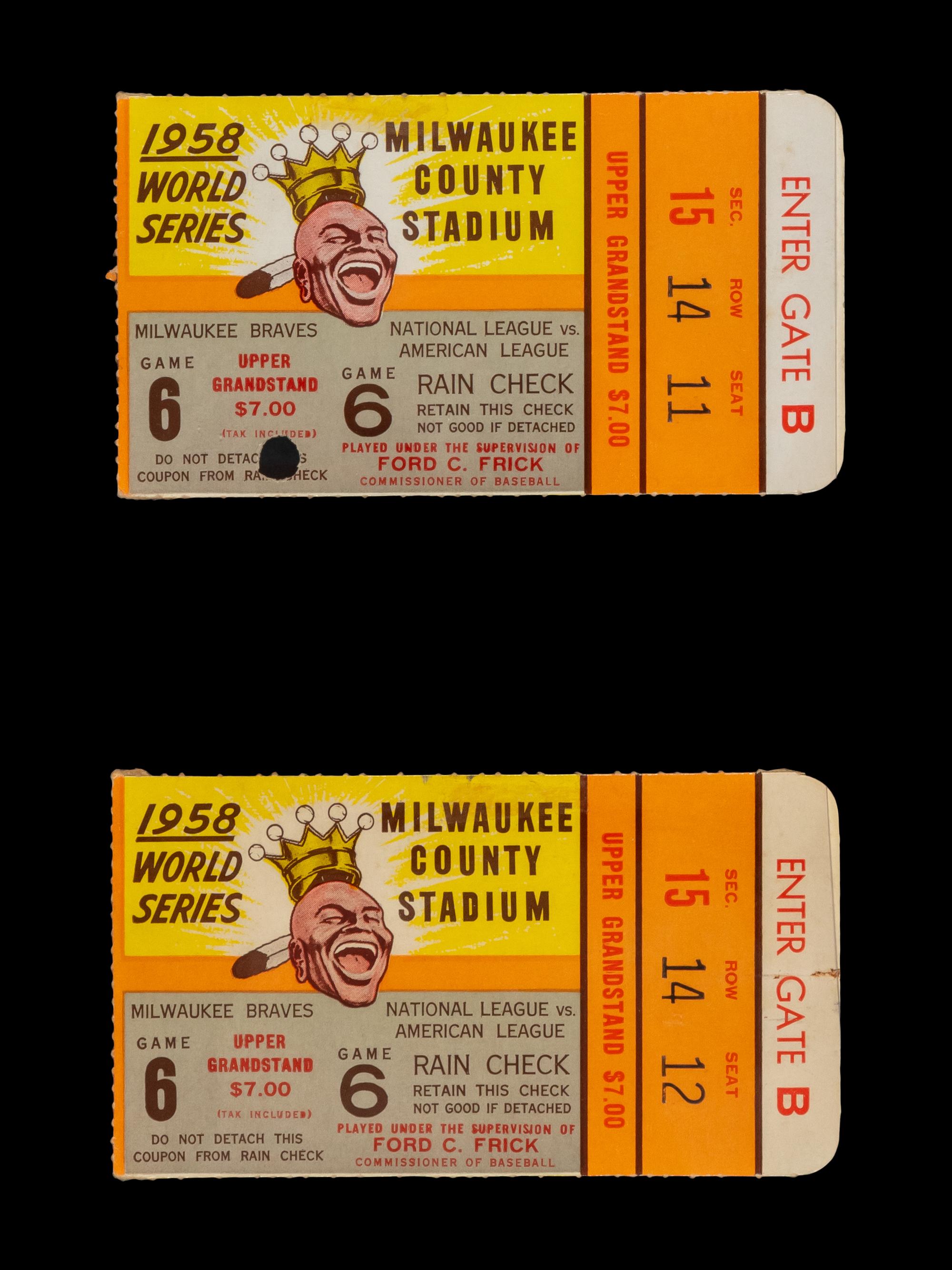 A Group of Two Milwaukee Braves vs. New York Yankees 1958 World Series Game 6 Ticket Stubs