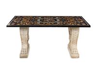 An Italian Pietra Dura Table Top and Pair of Italian Marble Volute Carved Supports