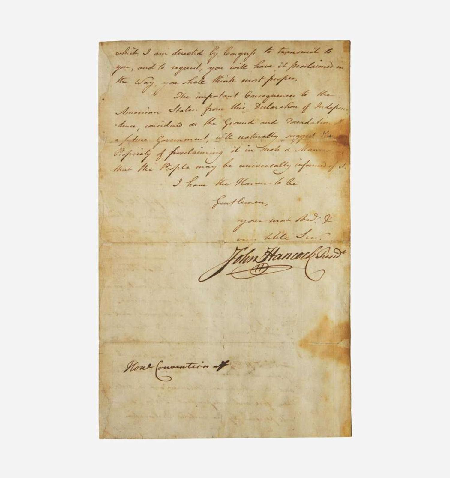 [Americana] [Declaration of Independence] Hancock, John Letter, signed