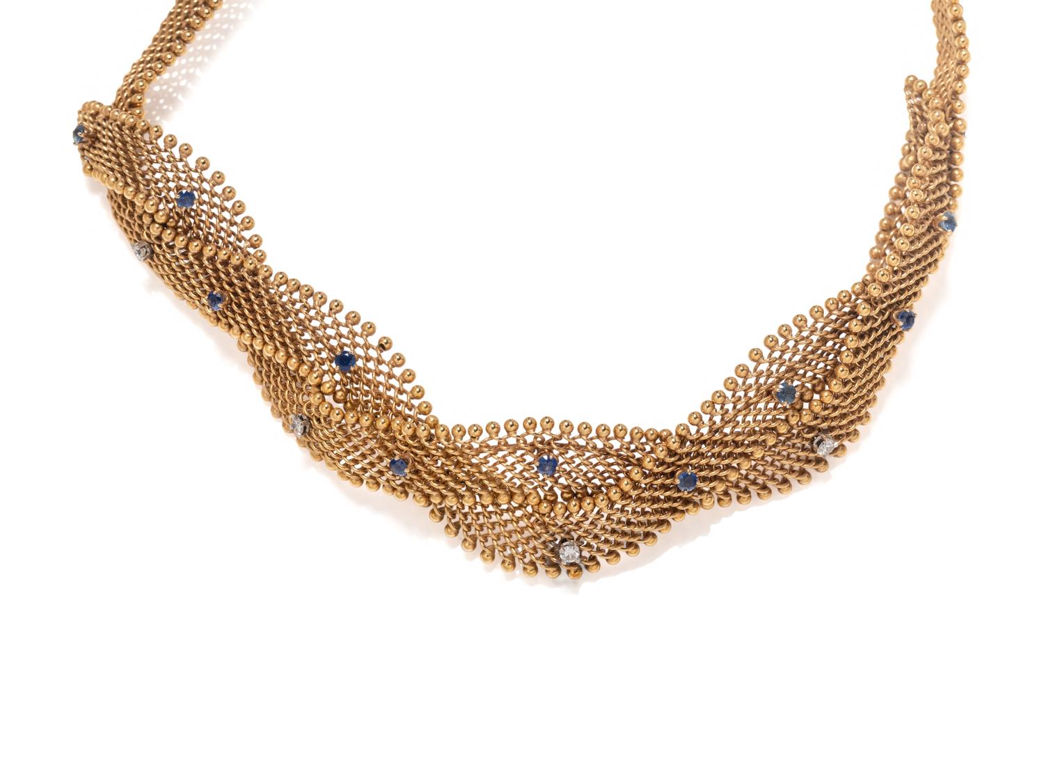 FRENCH, YELLOW GOLD, SAPPHIRE AND DIAMOND NECKLACE