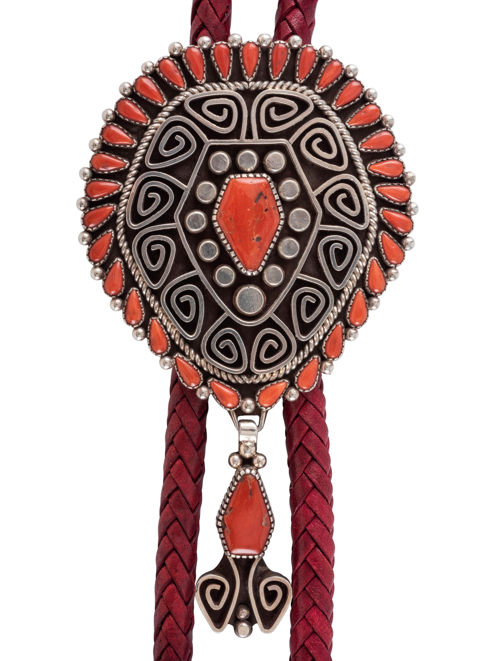Sterling Silver and Petit Point Coral Bolo Tie