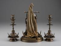 A Cast Brass and Steel Anchor Form Mantel Clock Garniture