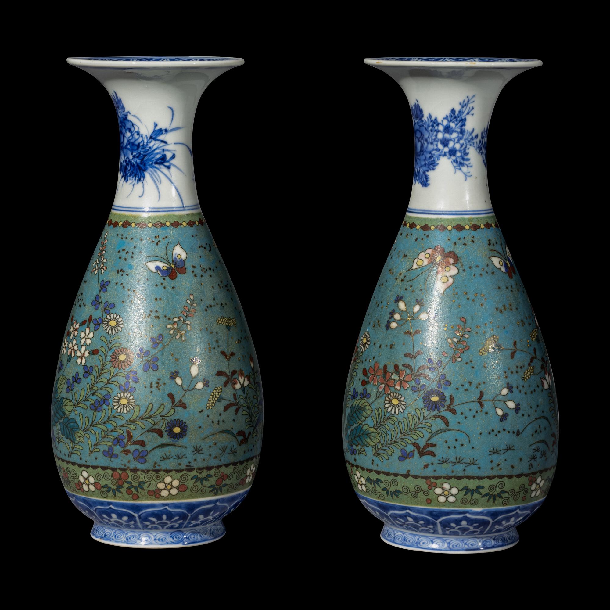 A Pair of Japanese Blue and White and Cloisonné Enamel Porcelain Vases