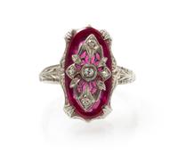 An 18 Karat White Gold, Diamond and Glass Ring, 4.20 dwts.