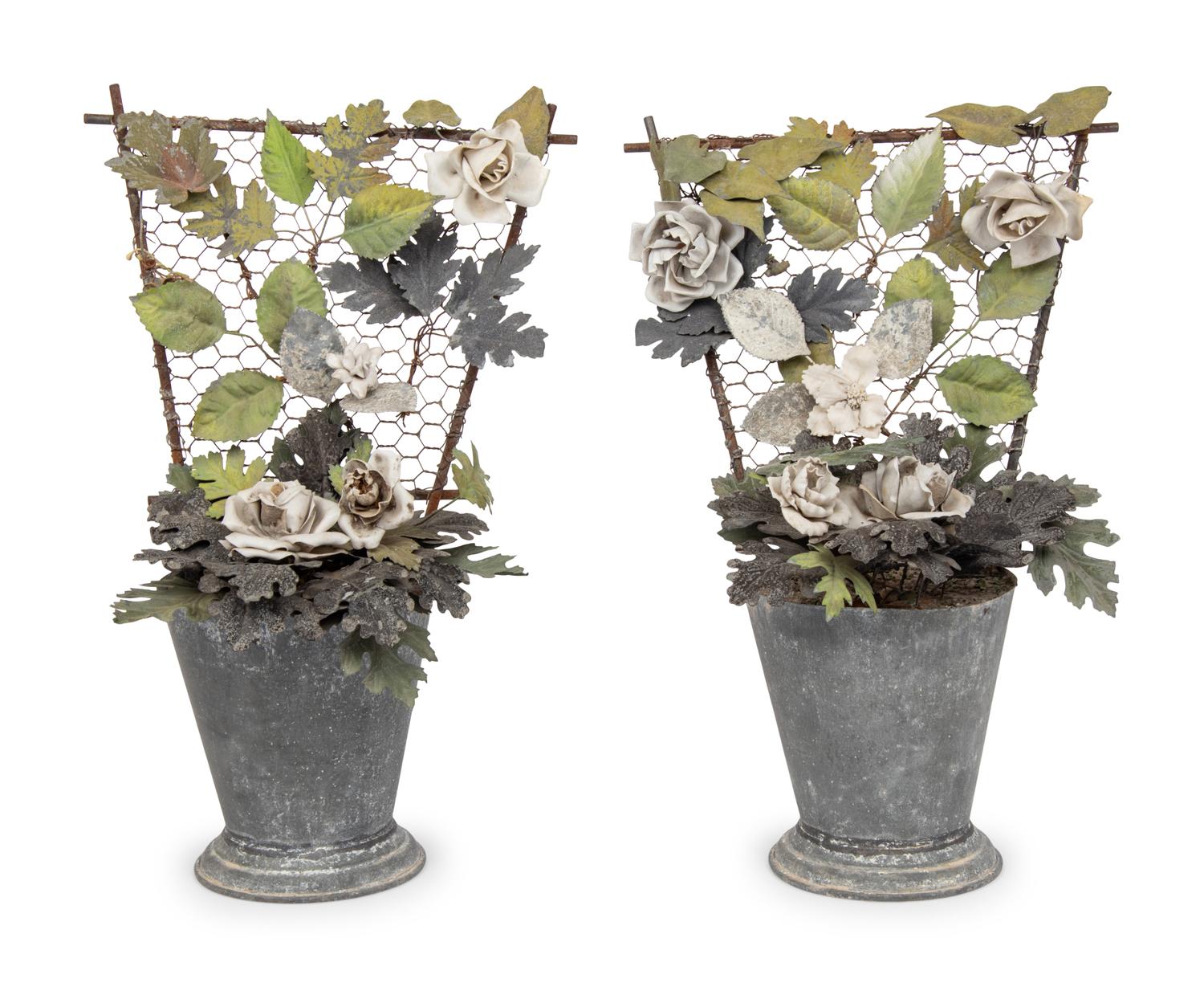 A Pair of Tôle and Porcelain Models of Flowering Trellises