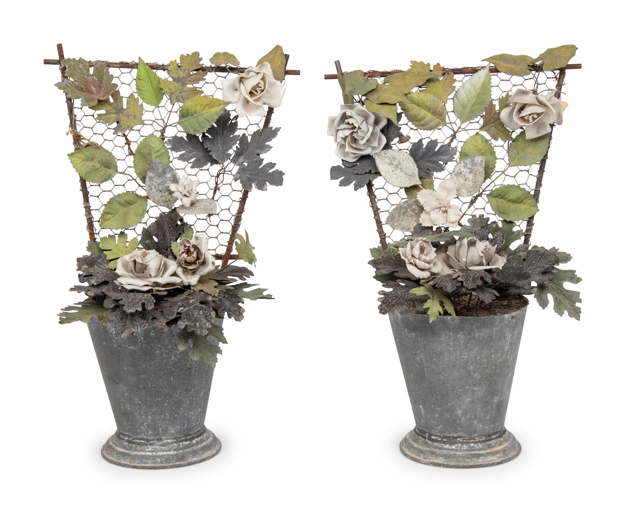 A Pair of Tôle and Porcelain Models of Flowering Trellises