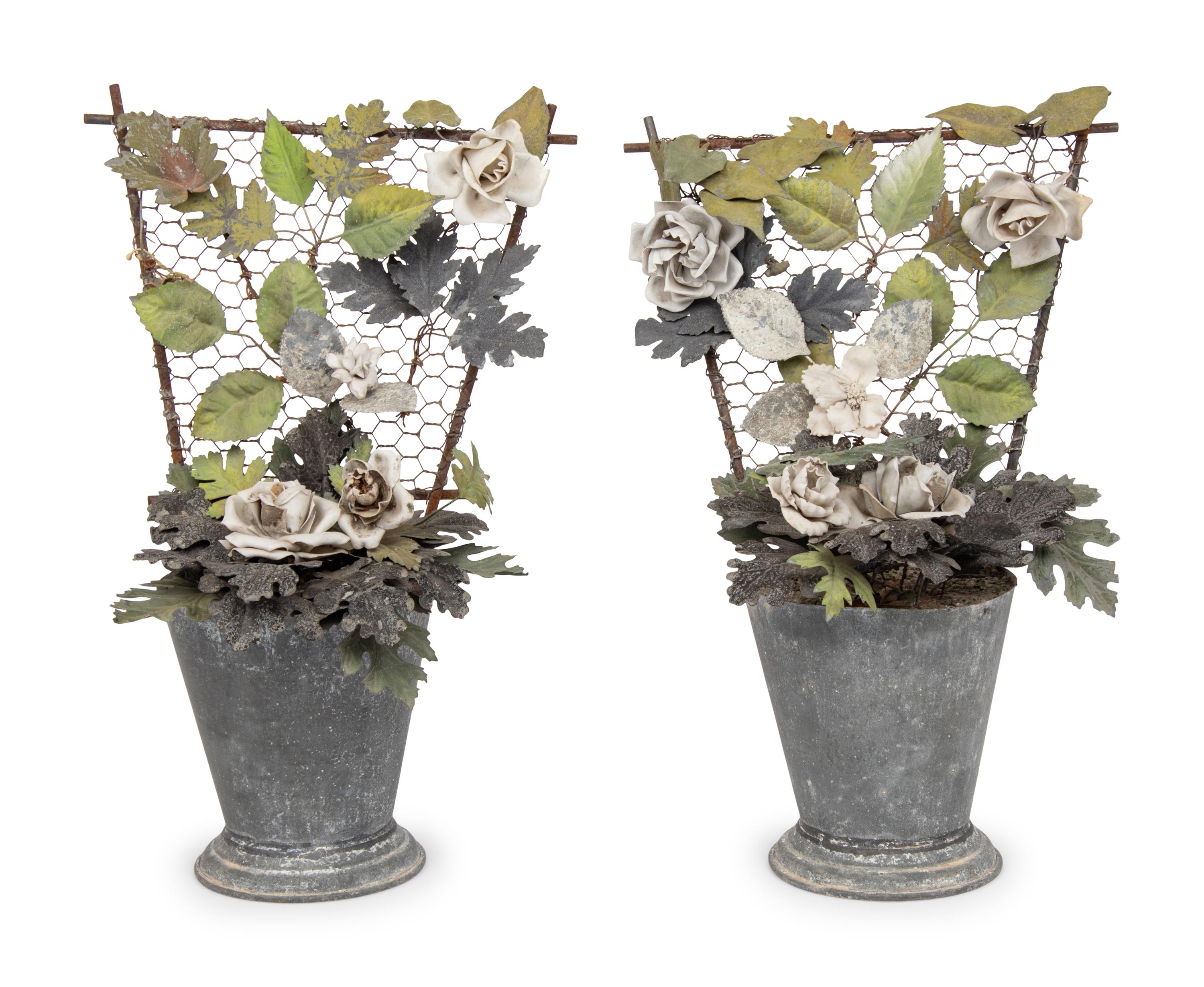 A Pair of Tôle and Porcelain Models of Flowering Trellises