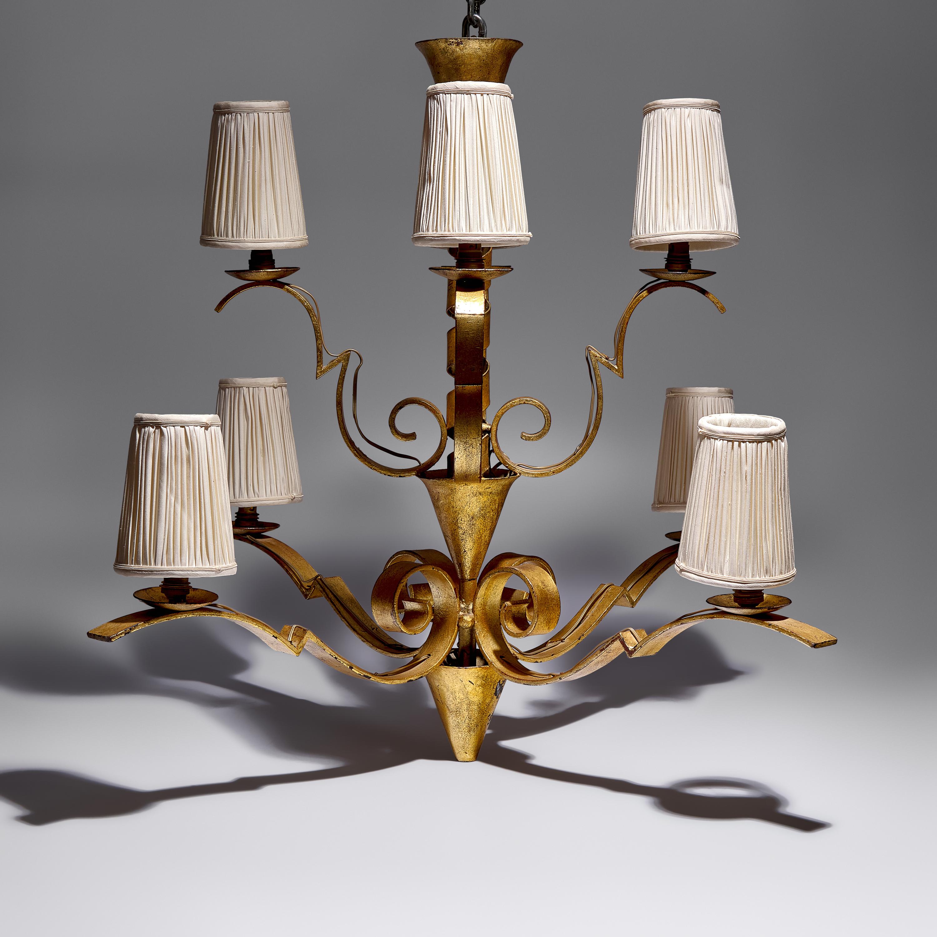 Raymond Subes (French, 1891–1970) — French Forties Art Deco 6-arm Chandelier, c. 1940