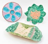 A Collection of Majolica Serving Dishes Length of longest 13 1/2 inches.