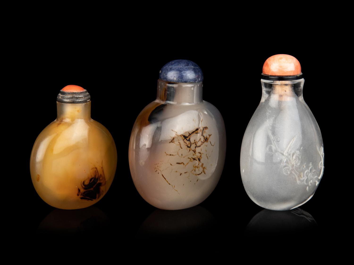 Three Chinese Hardstone Snuff Bottles