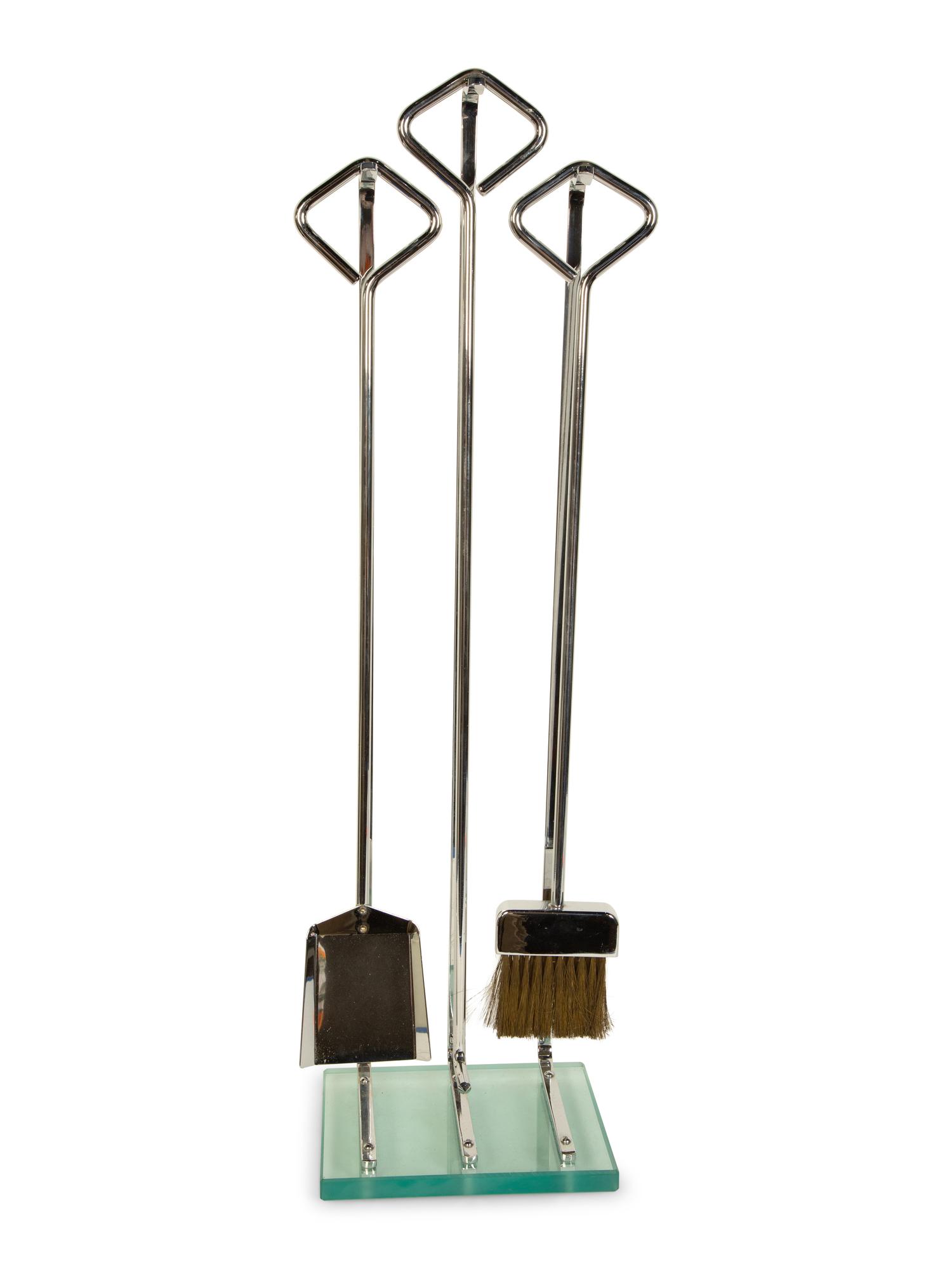 A Set of Modernist Chromed Fireplace Tools on Stand