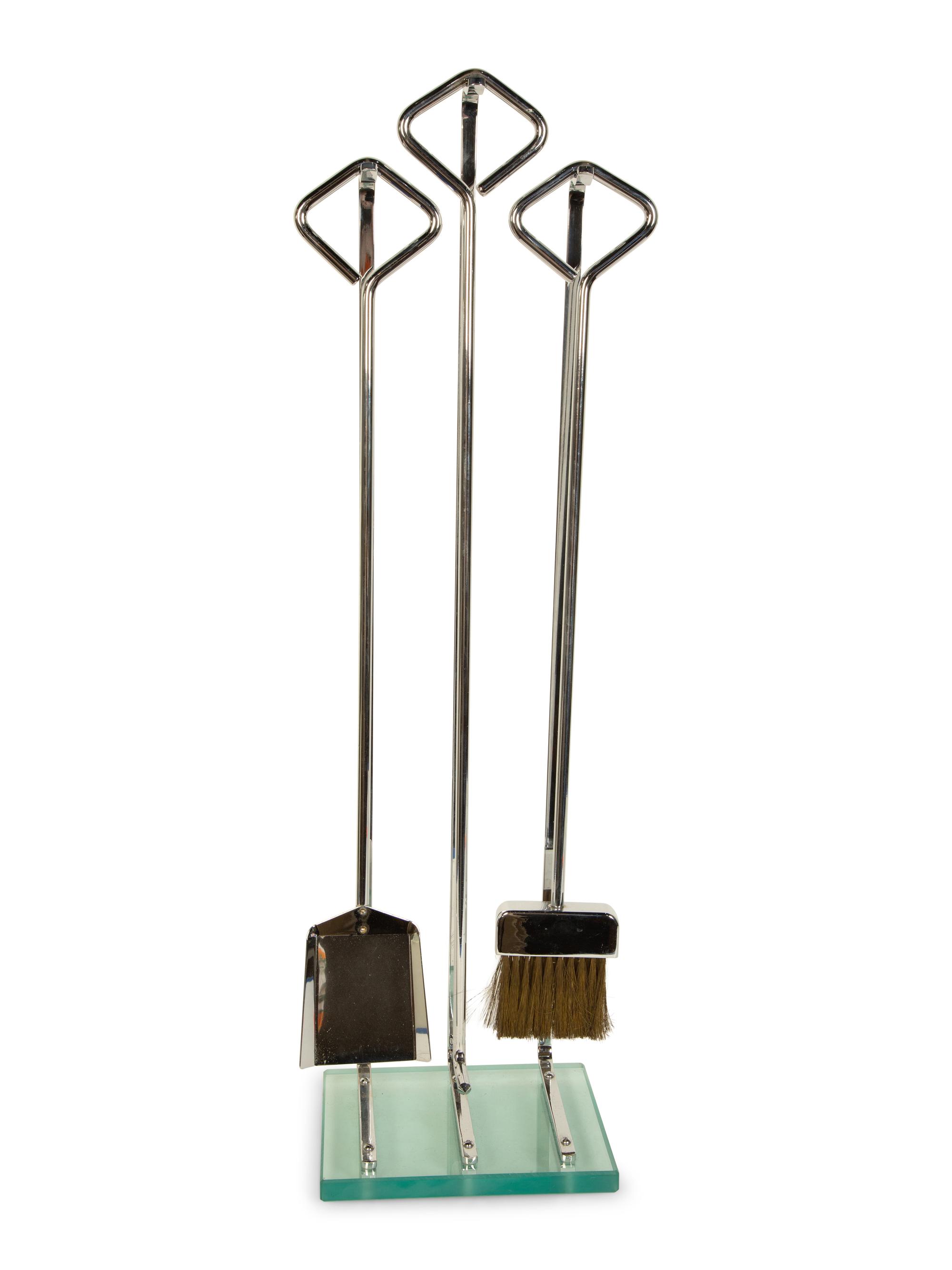 A Set of Modernist Chromed Fireplace Tools on Stand