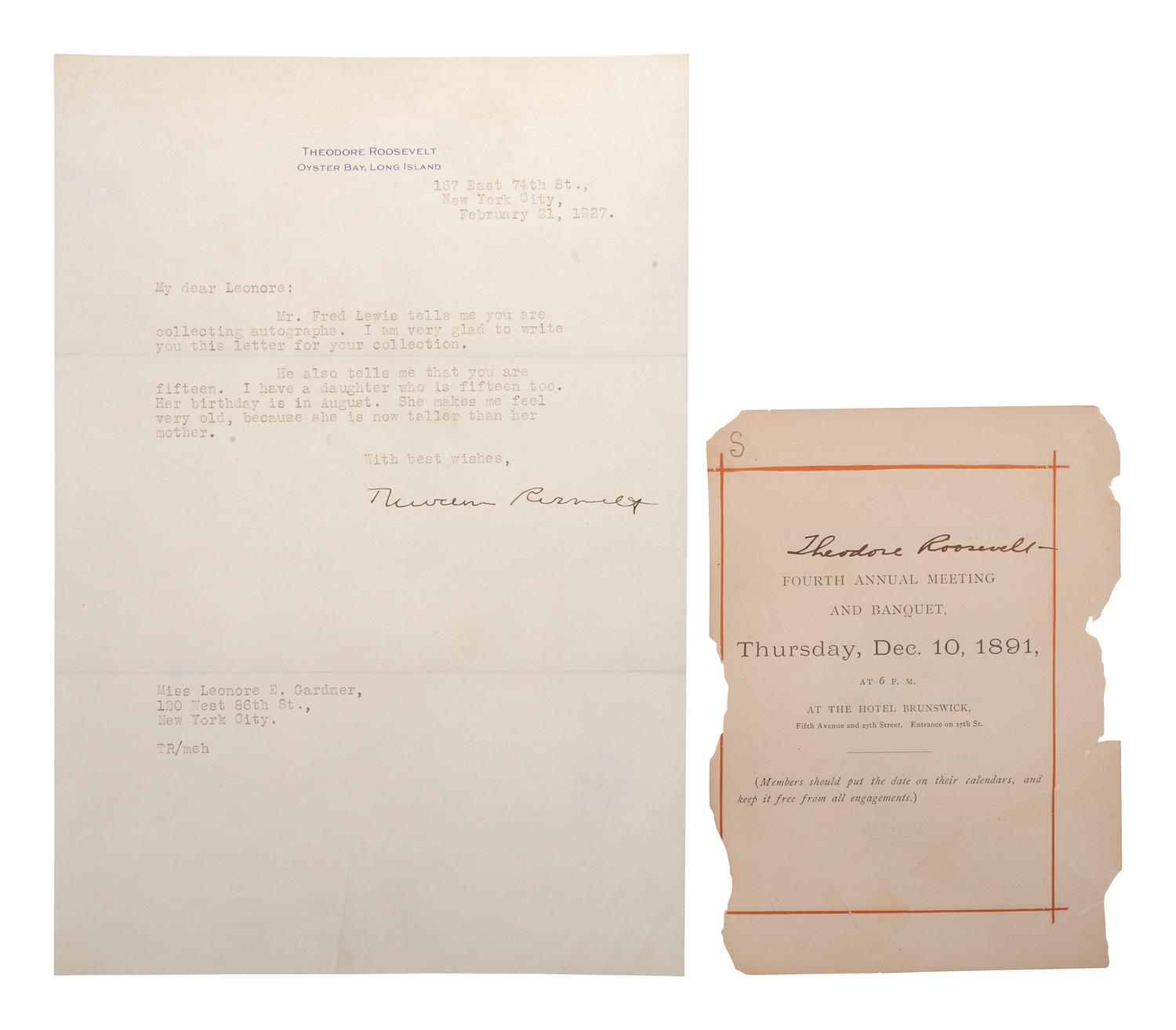 ROOSEVELT, Theodore III (1887-1944). Typed letter signed ("Theodore Roosevelt"). New York, NY, 21 February 1927.